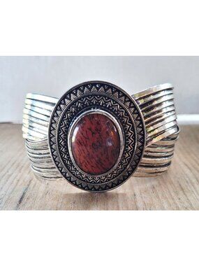 Premier Designs "Red Spice" Vintage Silver Cuff Bracelet With Red Jasper Stone &